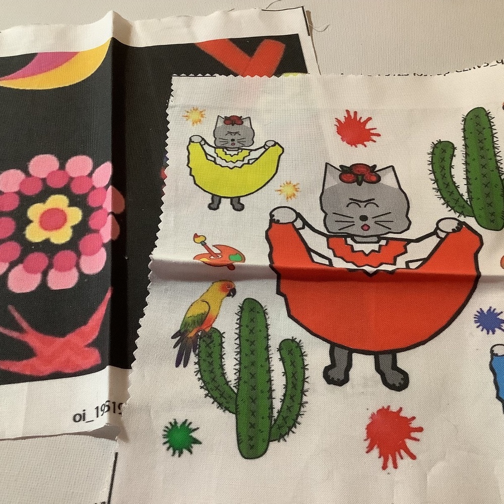 2 Mexicana Design Squares, Folklorico Cat Fabric Swatch & Black  Design